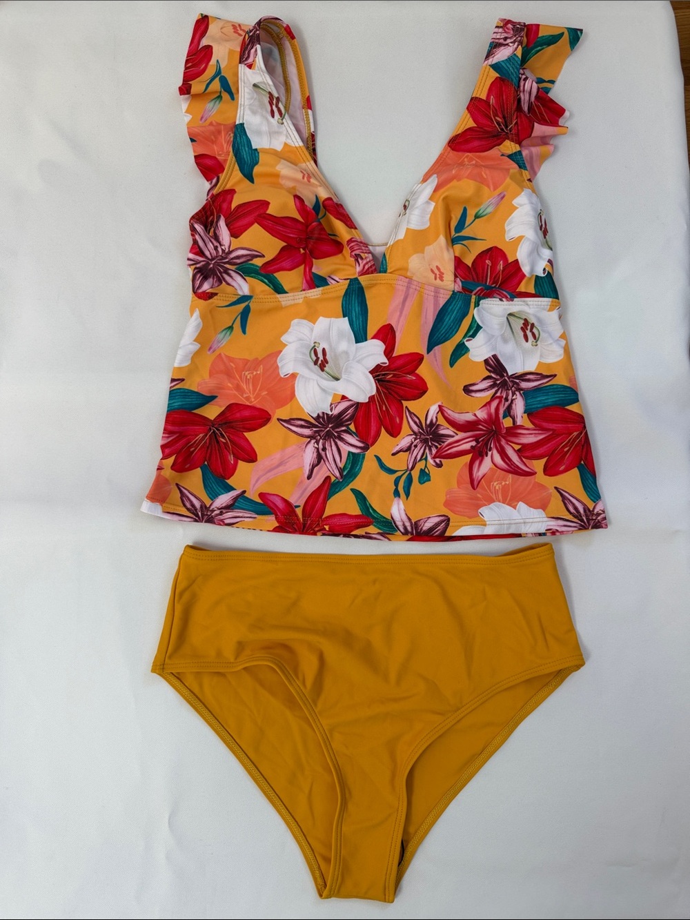 NEW Floral Ruffle Tankini Top & Mustard High-Waist Bikini Bottoms - Women Sz M
